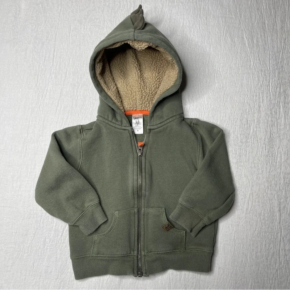 Carter's T-Rex Dino Olive Green Sherpa Lined Full Zip Hoodie 18 Months